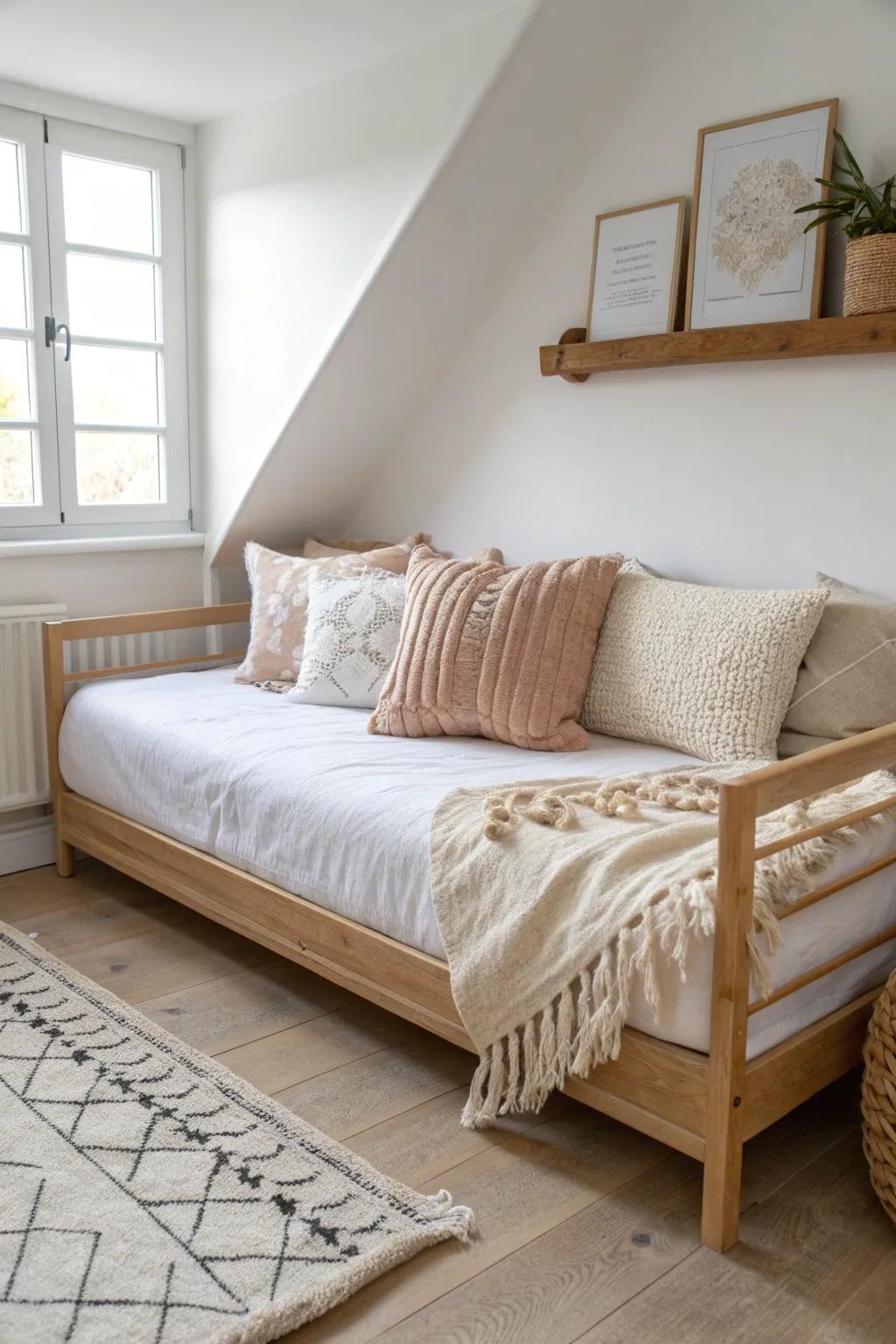 Turn a wall-hugging bed into a cozy daybed lounge with layered pillows and a soft throw.