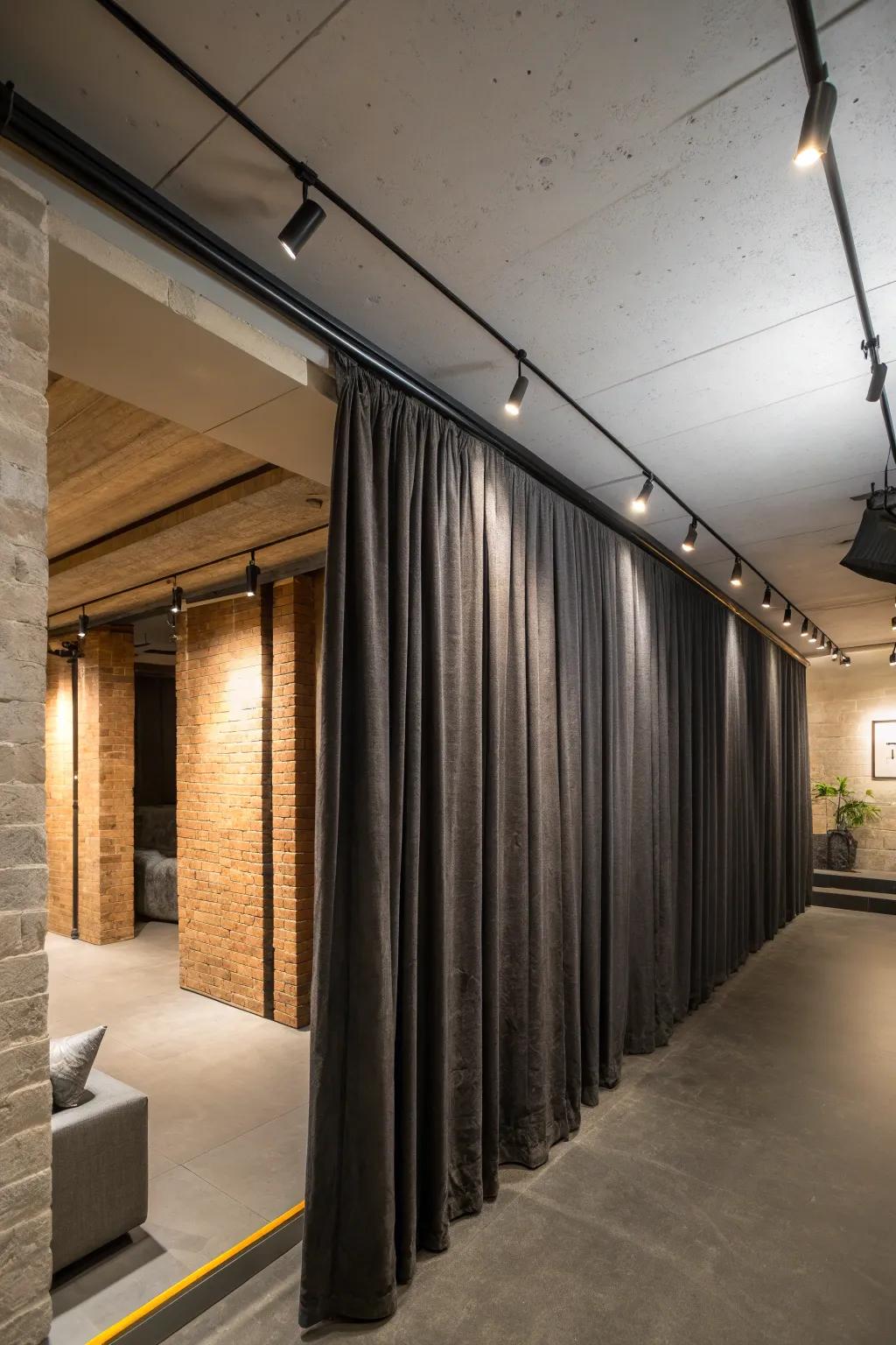 Transform your basement with style and functionality using curtain dividers that blend craftsmanship with modern design.