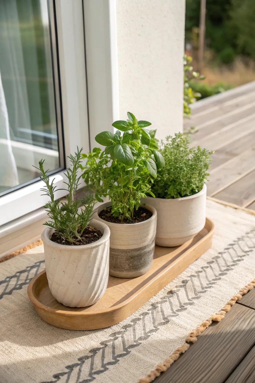 A styled herb tray by the terrace door—fresh basil, thyme and rosemary within arm’s reach.