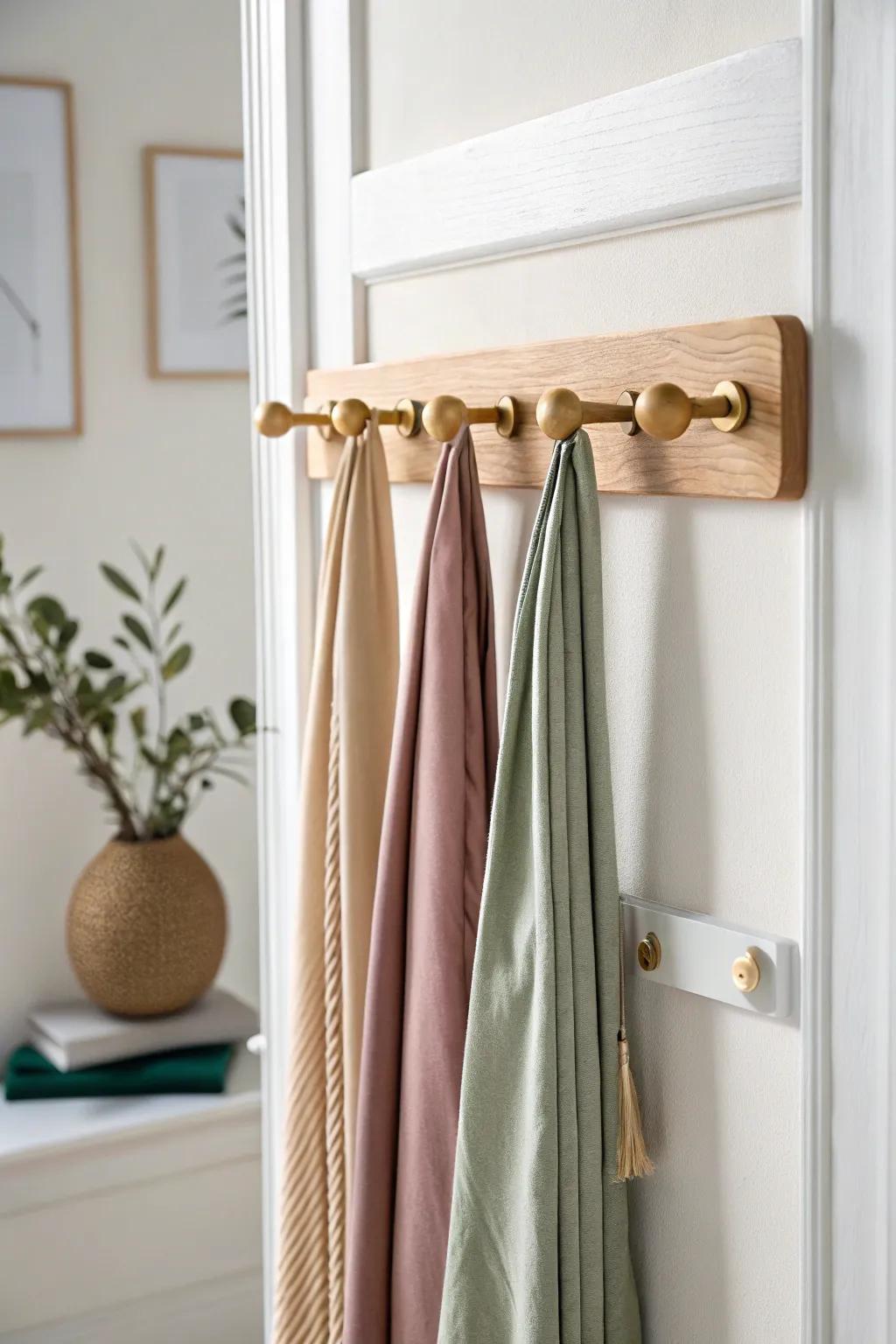 A slim wall-mounted tie rack adds an instant “new zone” inside a small closet—so neat.
