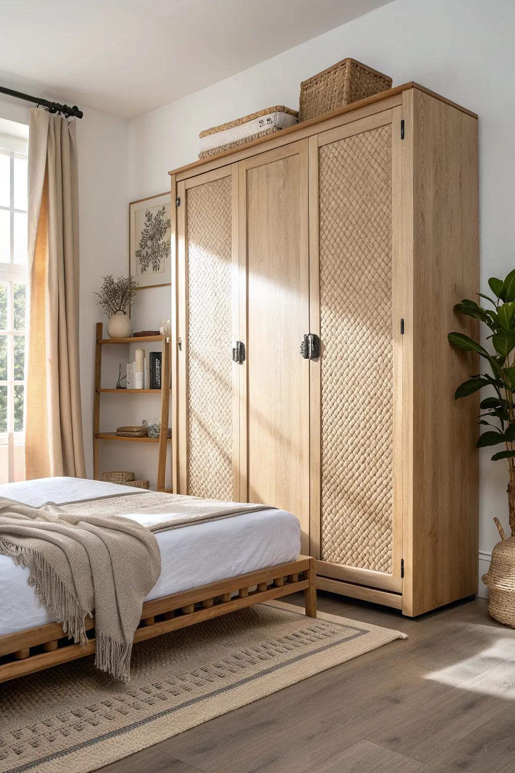 Fold-down wall bed in light oak—beautifully minimal, instantly freeing floor space in a tiny home.