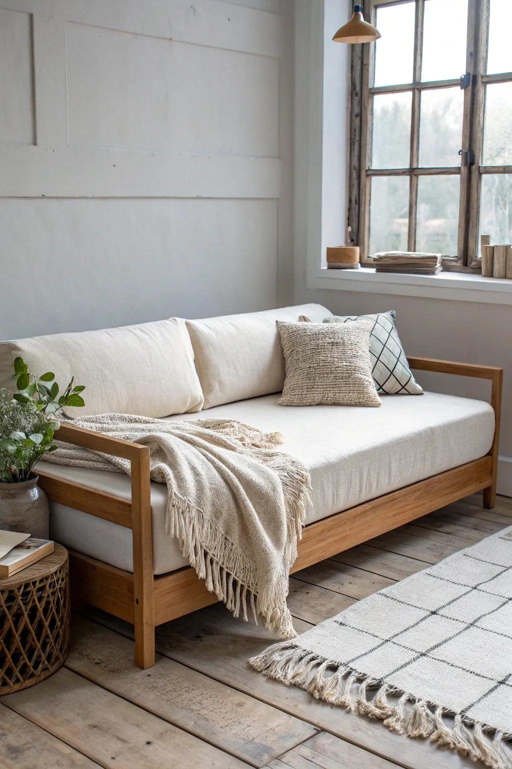 A compact sofa that glides into a real bed—minimal, cozy, and perfect for tiny homes.