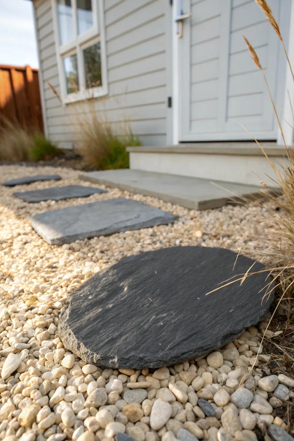 One handcrafted stepping stone in pale gravel—simple path vibes for a tiny home entry.