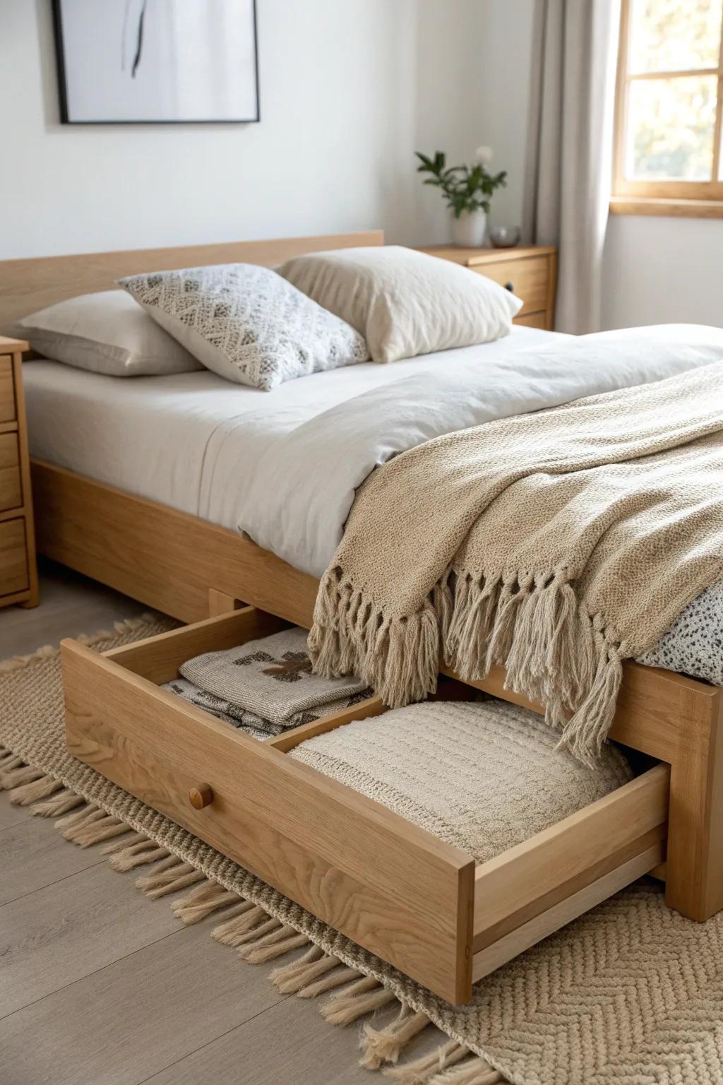 Raised platform drawers hide bulky bedding and seasonal clothes—storage that stays beautifully unseen.