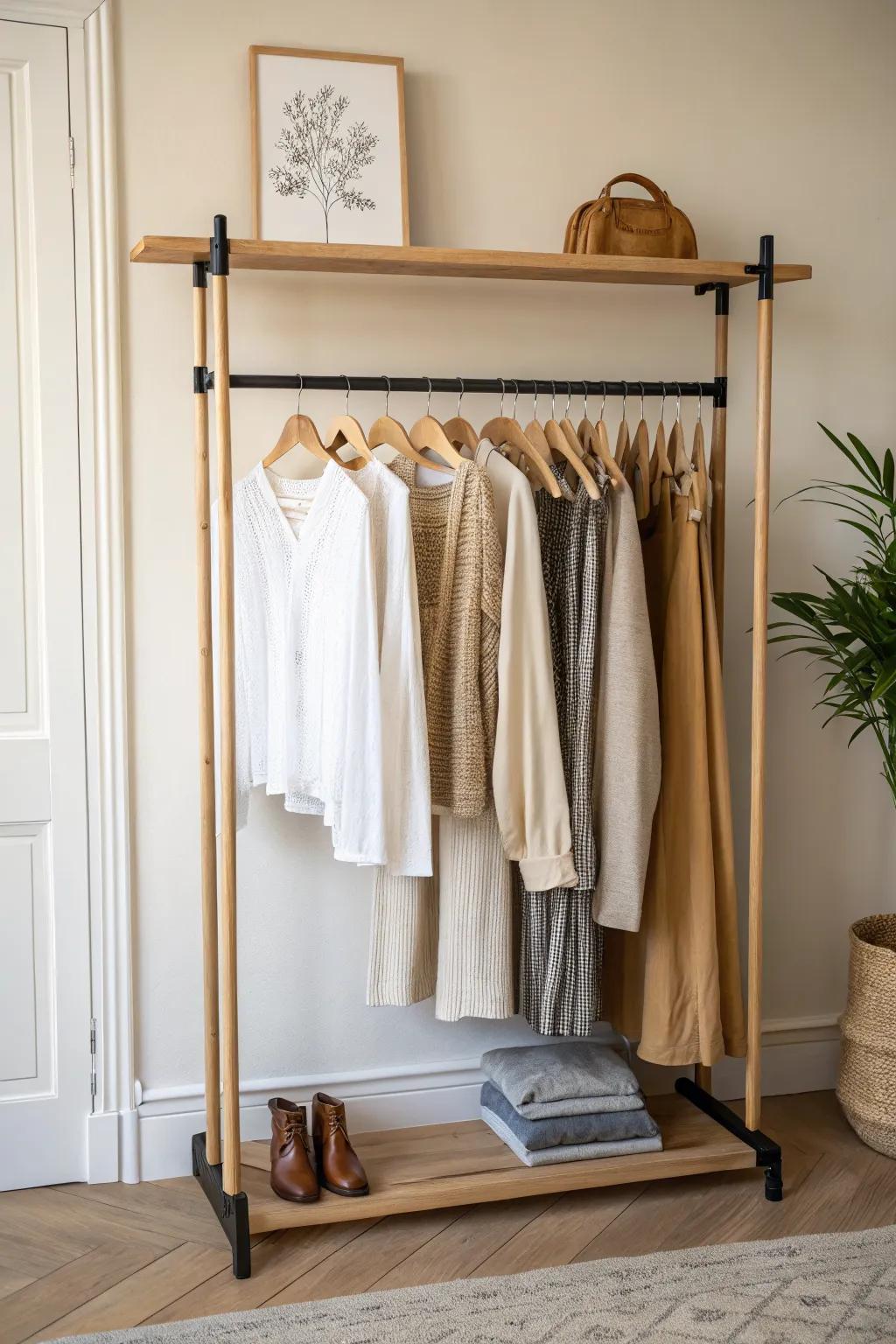 Add a double-hang zone to your tiny closet—tops up top, shorter pieces below for instant visibility.