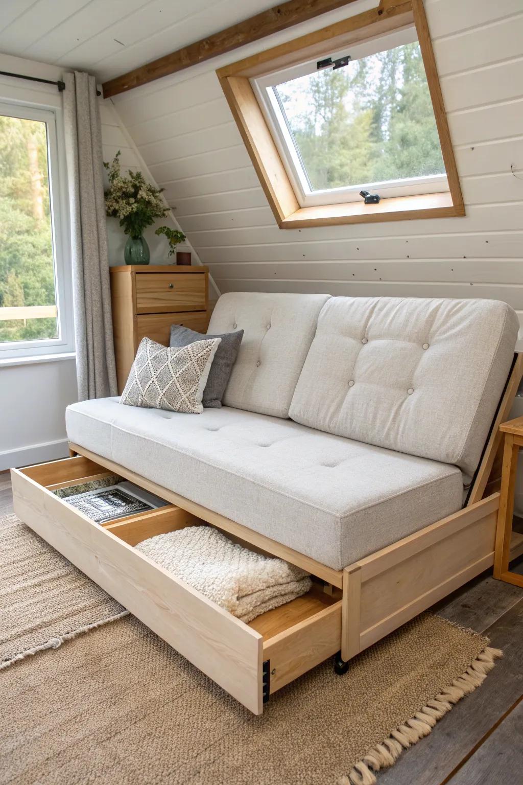 A sofa that becomes a bed—plus hidden storage underneath to keep tiny spaces serene.