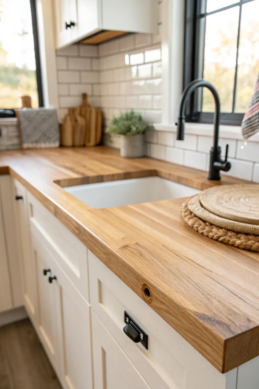 Turn the corner into your tiny-kitchen landing zone with a minimalist L-shaped prep counter.