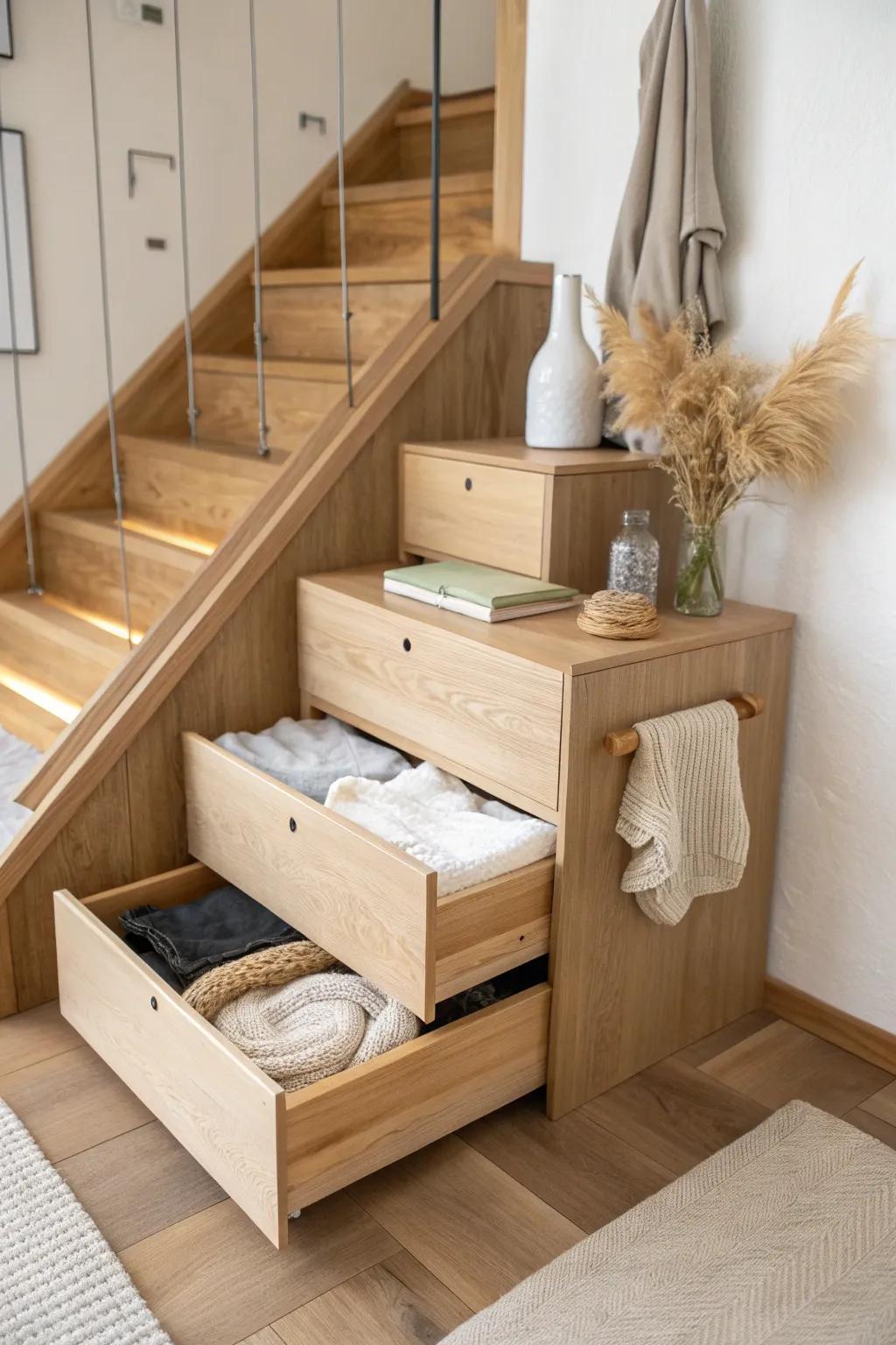 Storage stairs that hide sweaters, shoes, and tools—tiny house steps that work like a dresser.