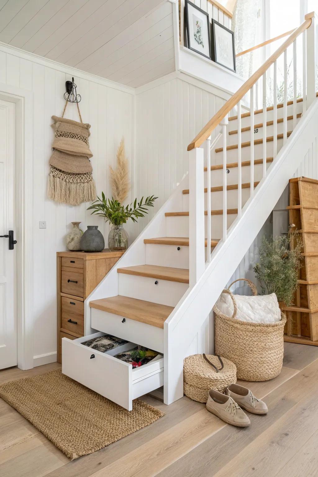 Make every step count: sleek stair drawers that replace bulky dressers in a tiny house.