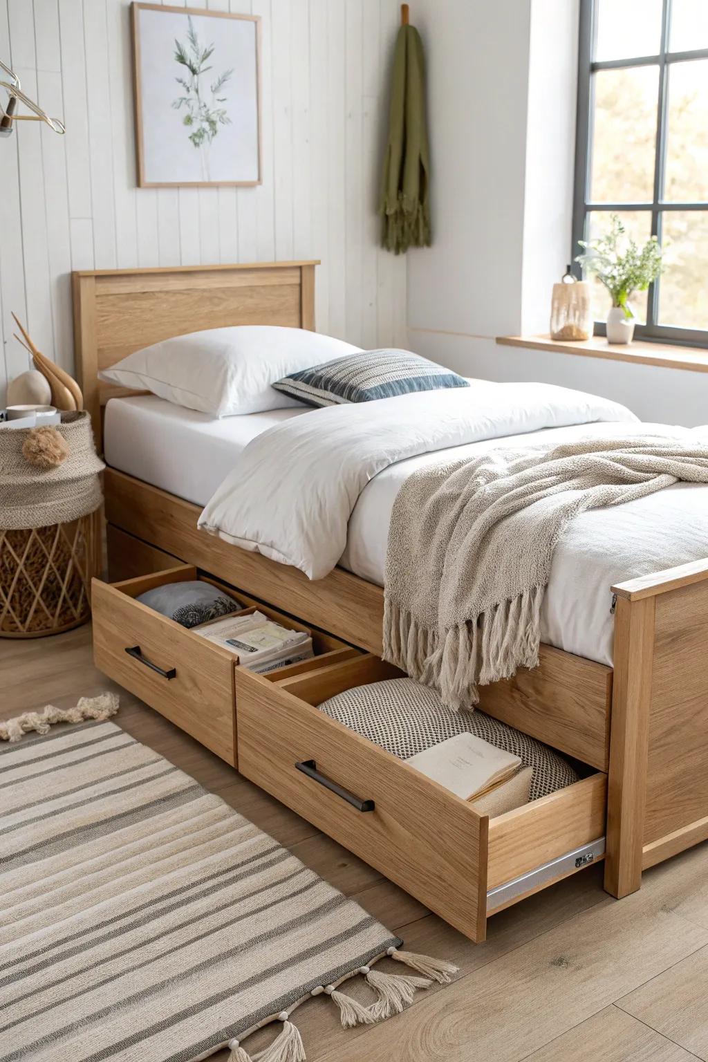 A storage bed with hidden drawers turns under-bed space into effortless closet overflow storage.