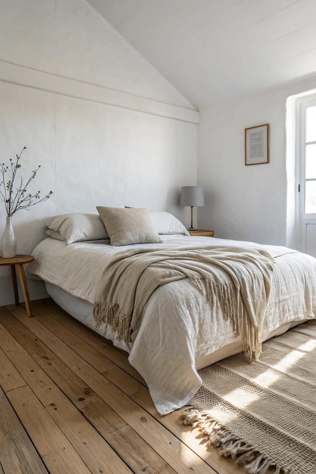 Push the bed to the longest wall to open a real walkway and make a tiny room feel airy.