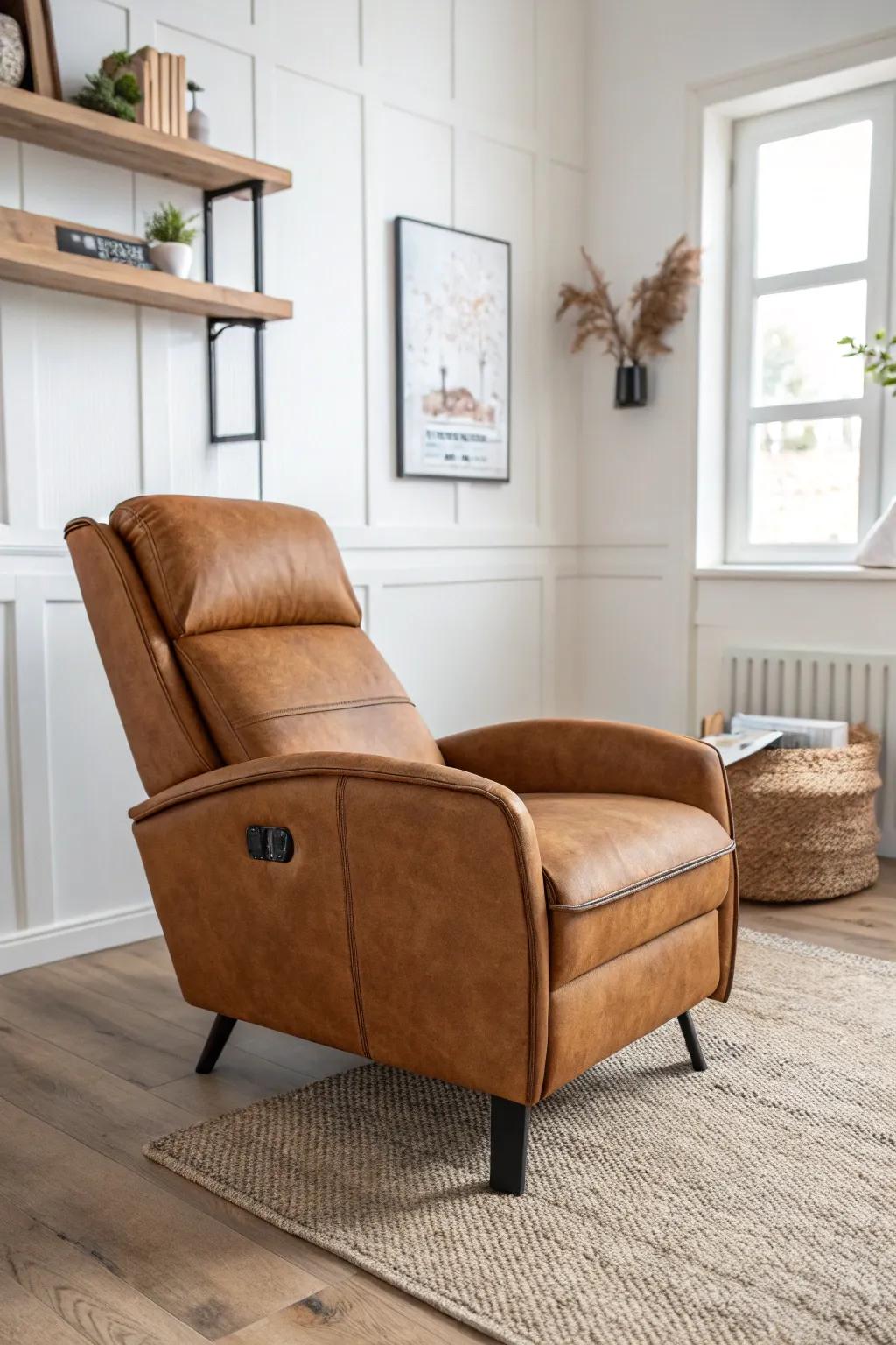 One compact statement recliner adds comfort without crowding your tiny man cave.