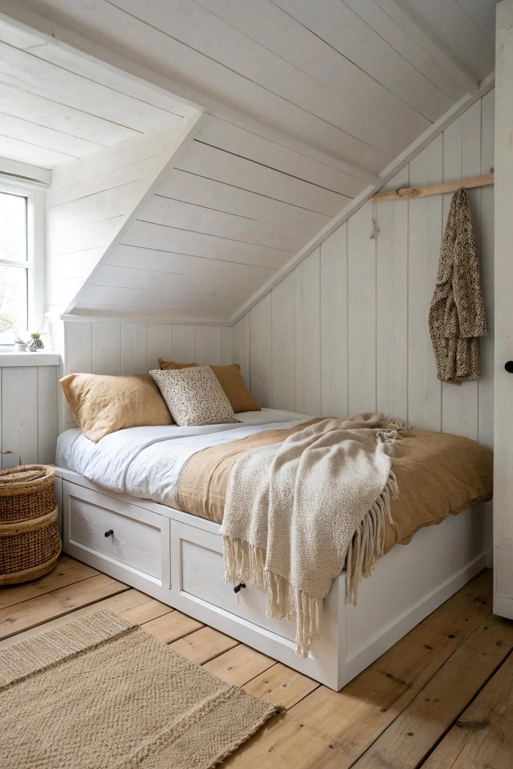 Tuck your bed into a corner nook to make a tiny bedroom feel cozy, intentional, and airy.