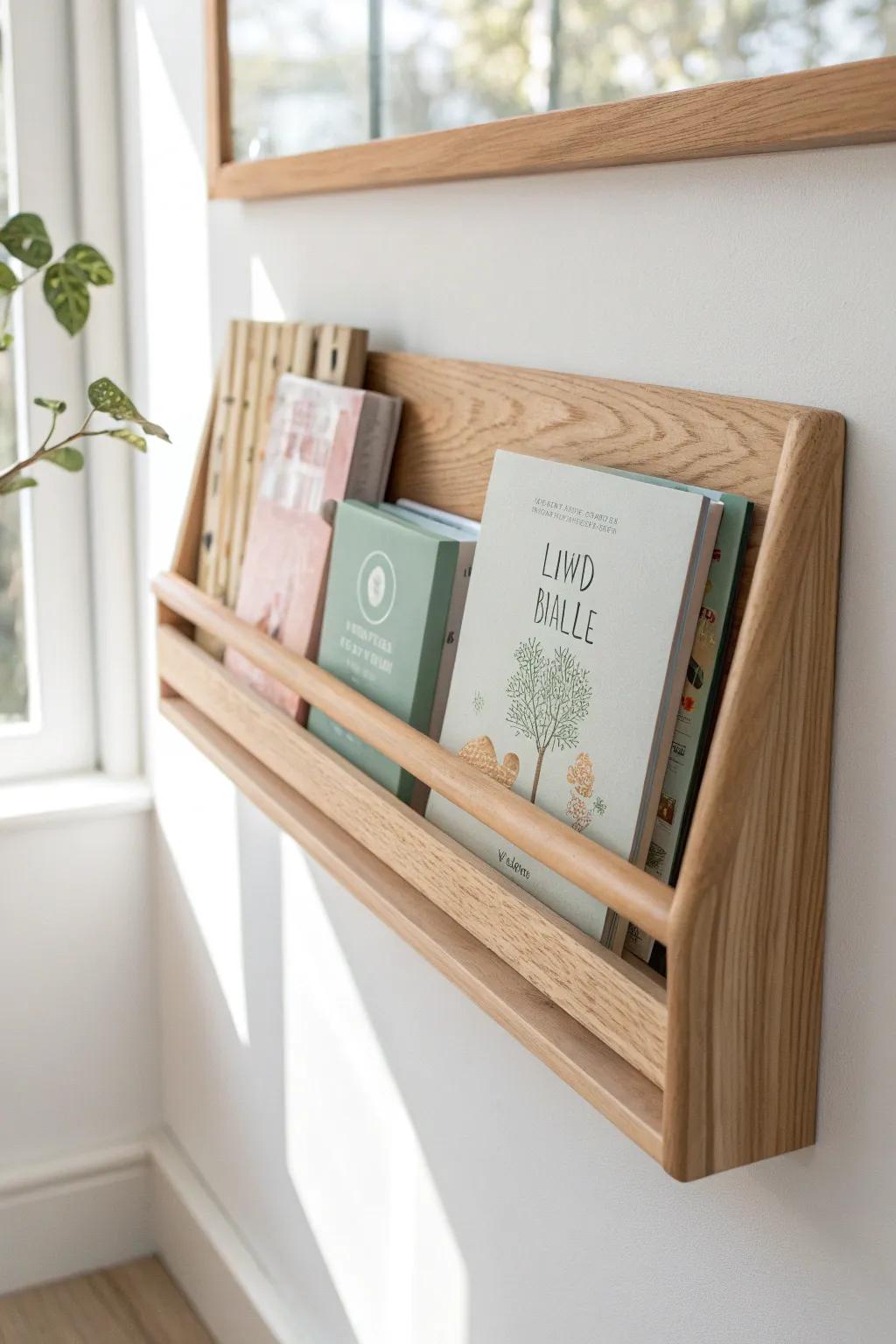 A low, front-facing book ledge turns any wall into a toddler-friendly mini library.