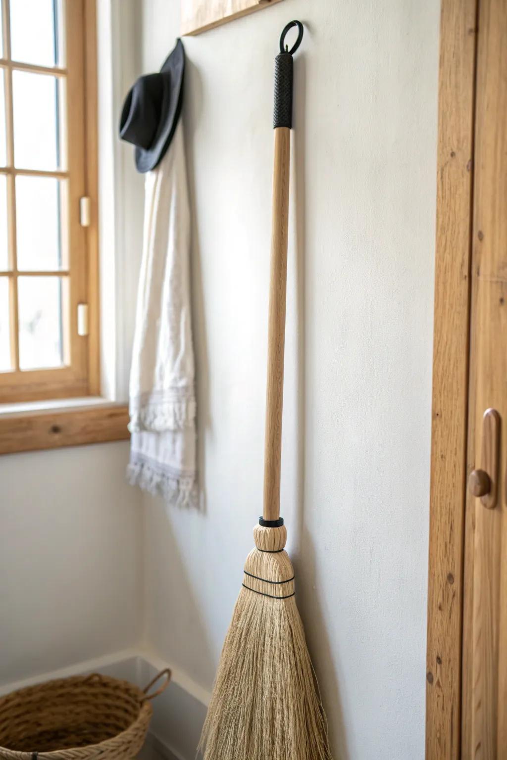 A single sturdy wall hook keeps long-handled tools upright, calm, and beautifully organized.