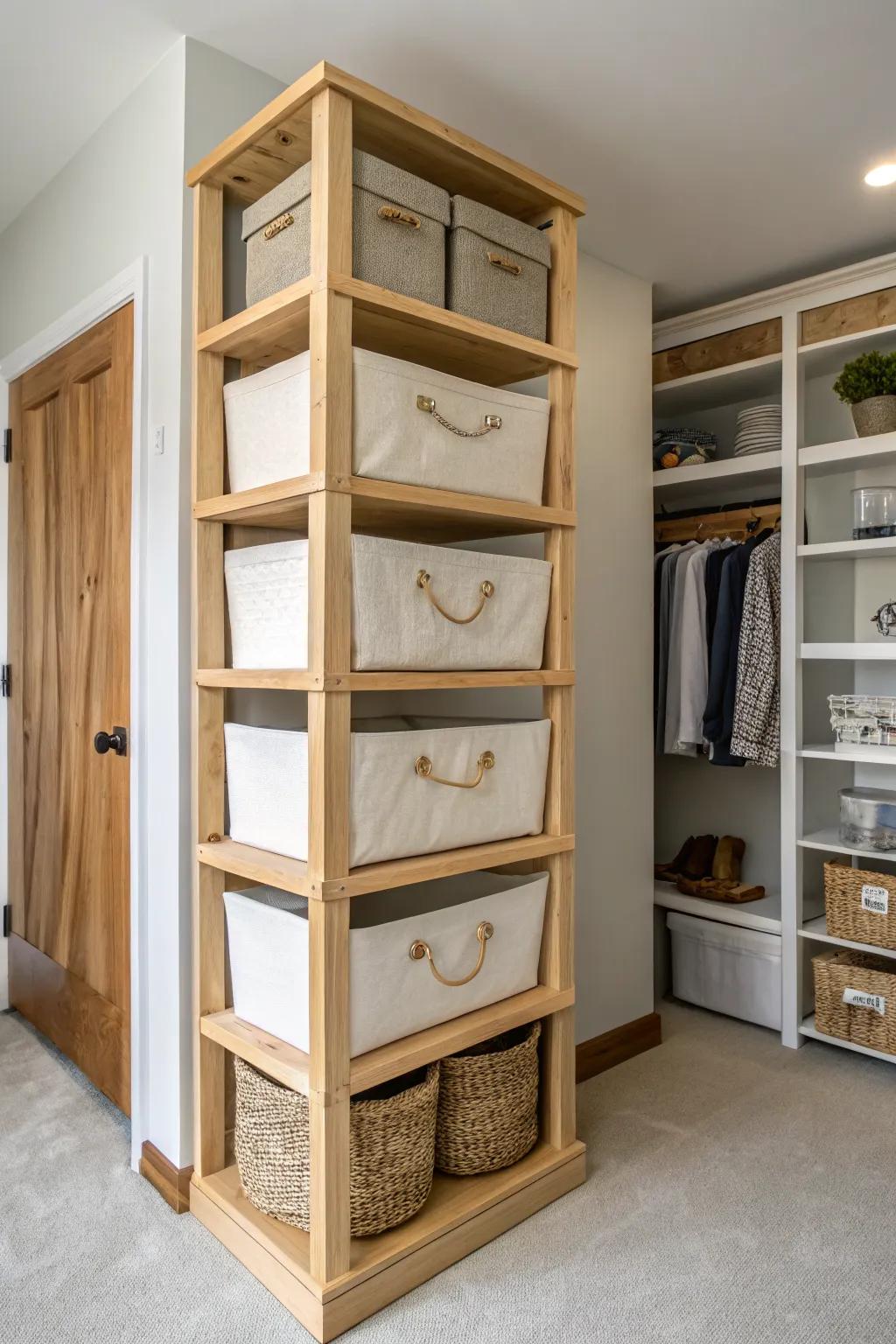 Wall-anchored vertical tote shelving keeps seasonal storage safe and floor space free.