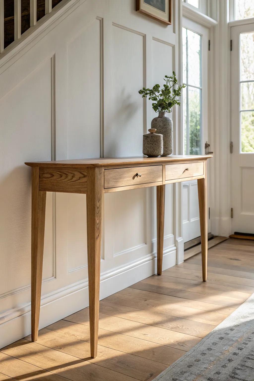 A slim oak console with open legs keeps a townhouse entryway airy, functional, and stylish.