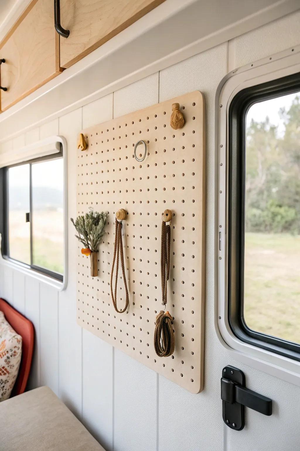 Go vertical: a sleek pegboard wall keeps toy hauler tools tidy, visible, and beautifully minimal.