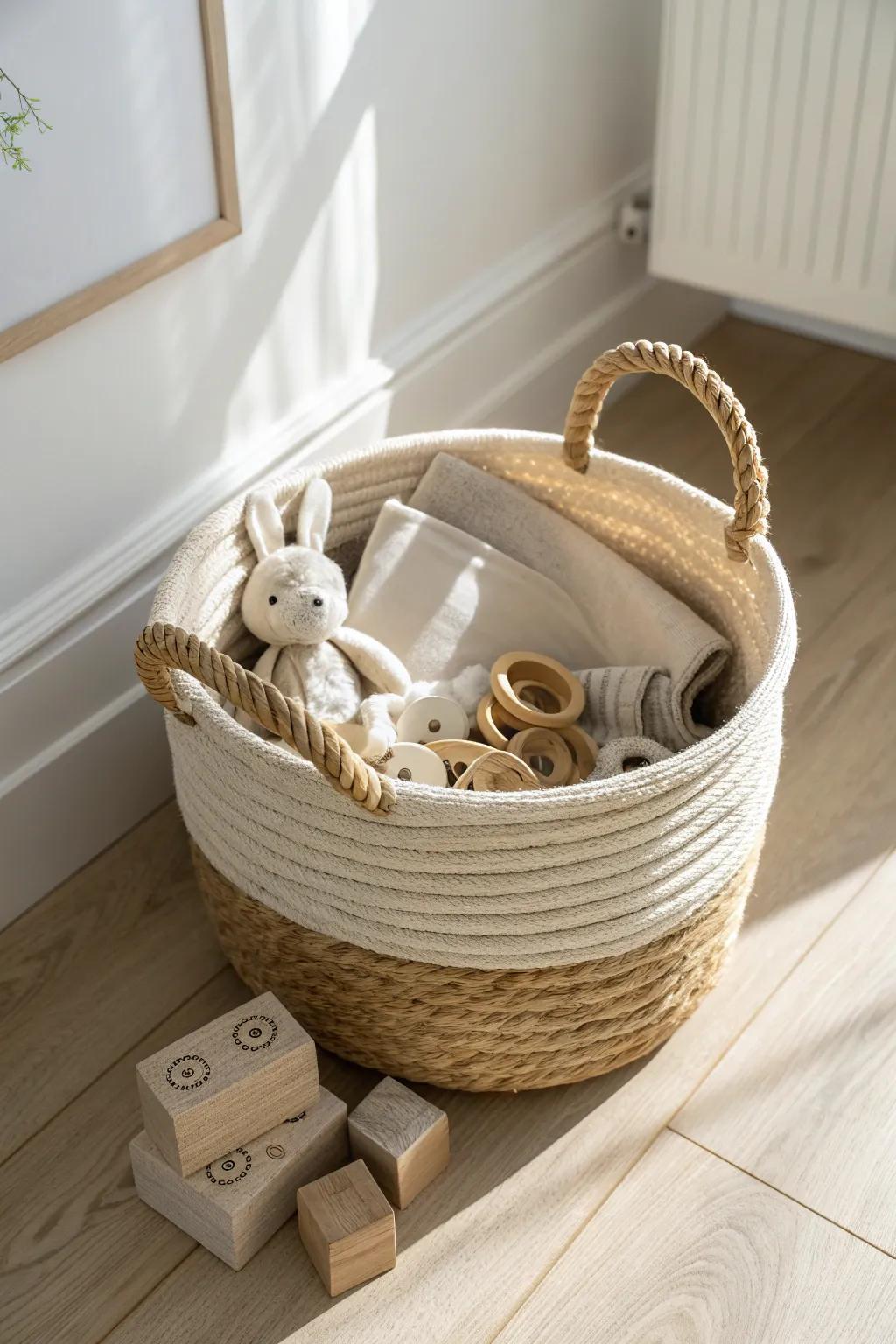 Open woven basket = fastest toss-in cleanup—pretty enough to leave out in small spaces.