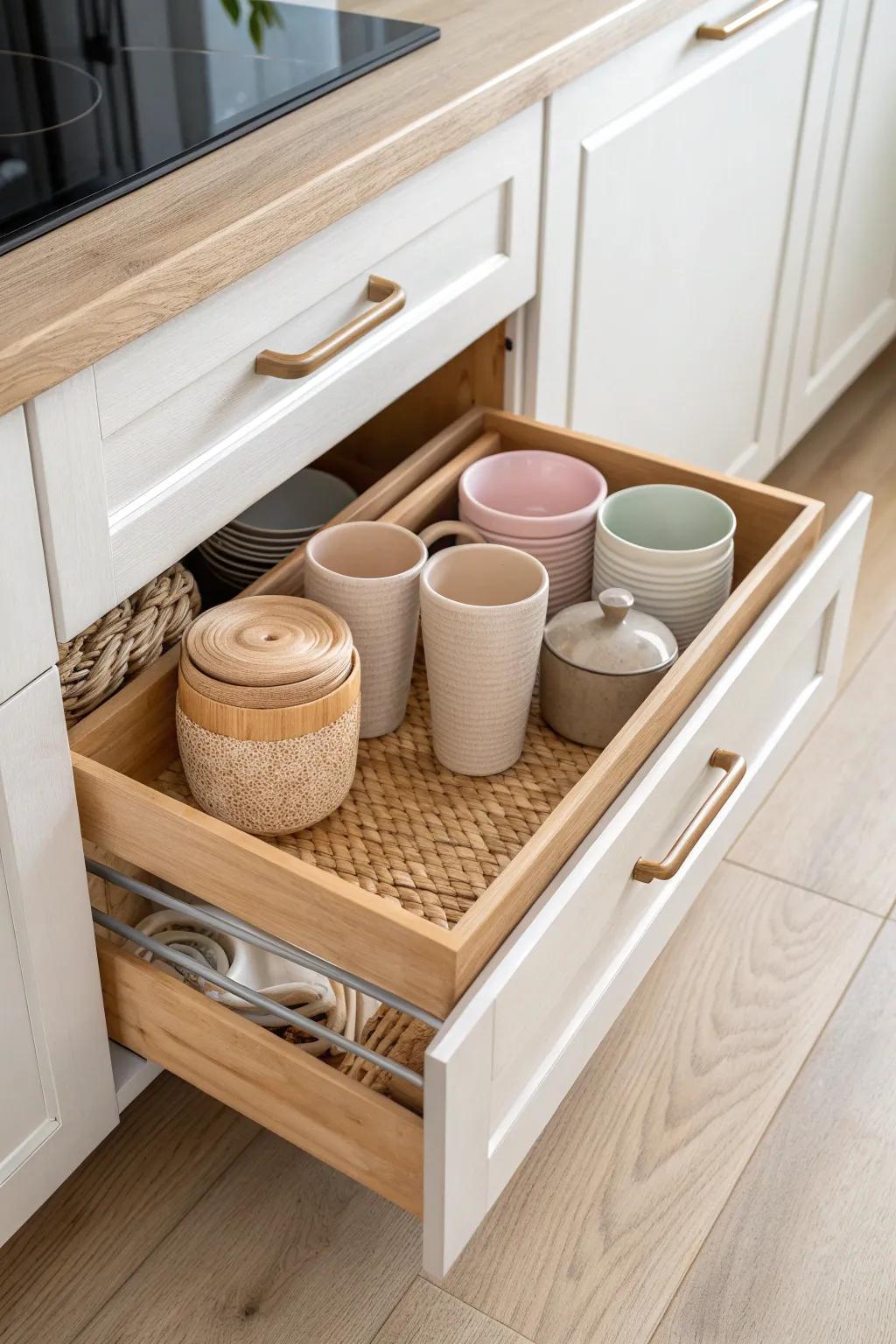 One-slide access: a pull-out organizer keeps every tumbler visible and easy to grab.