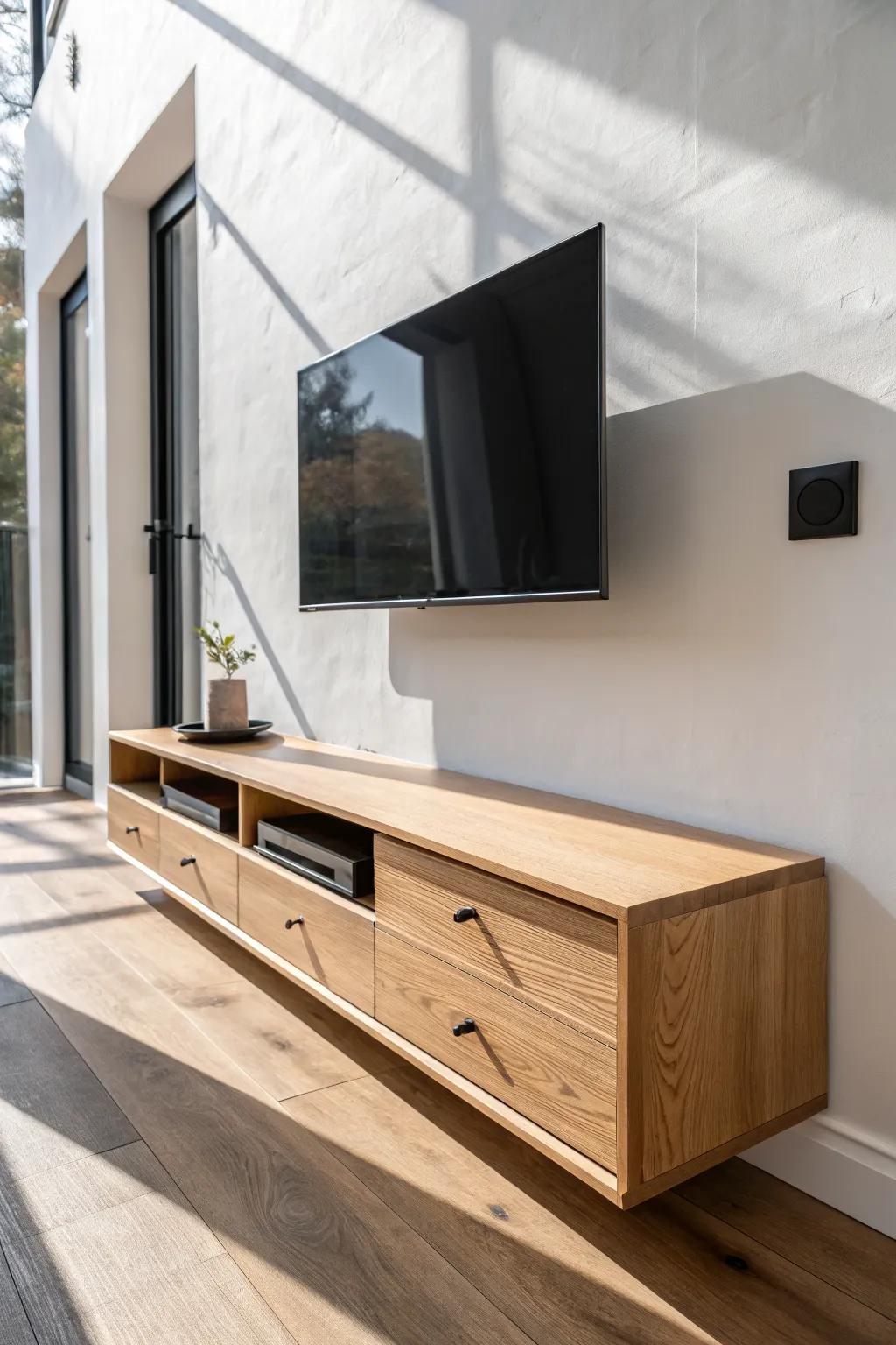 Floating oak TV console that opens up floor space—minimal, warm, and perfect for small rooms.