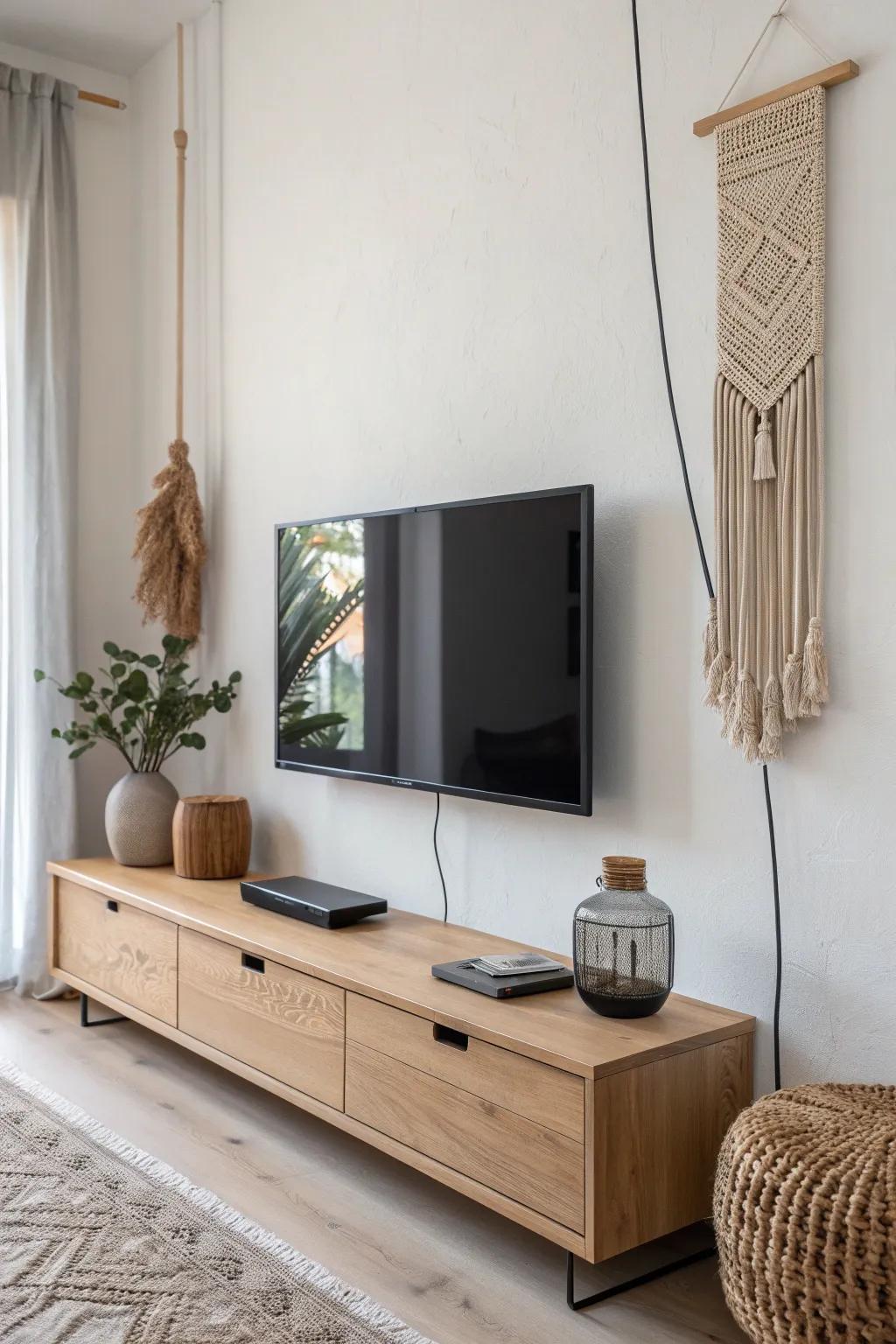 A paintable cable cover creates a crisp, cord-free TV wall that instantly calms the room.