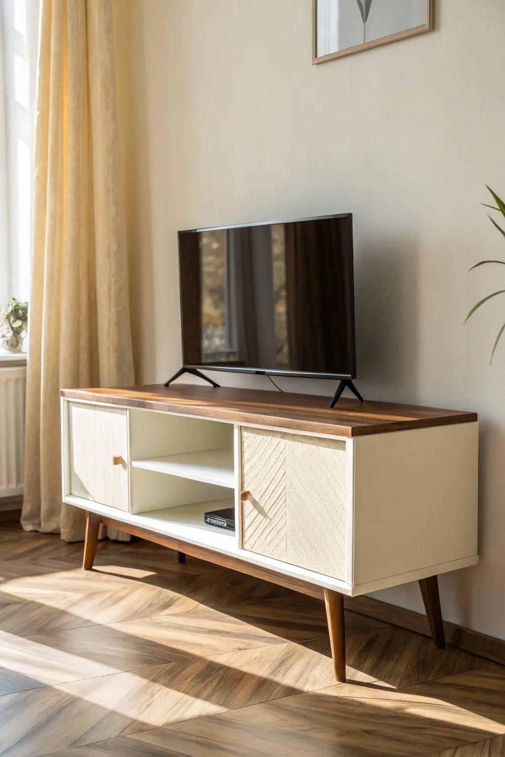 Two-tone TV stand makeover: creamy base + walnut-look top for instant custom contrast.