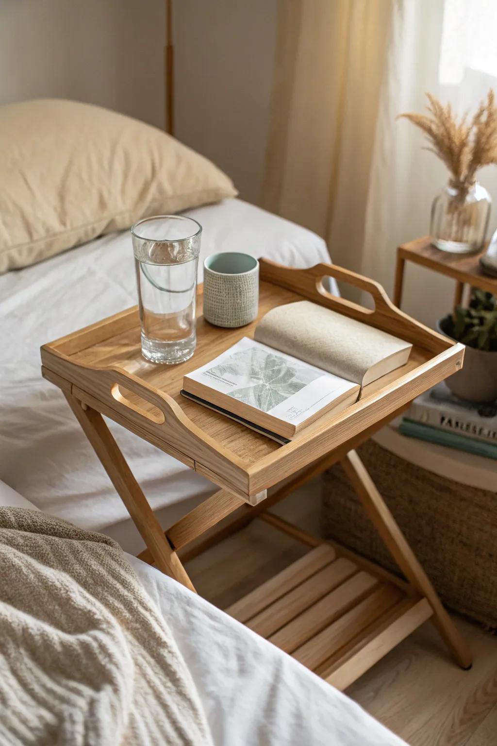 A foldable TV tray works as a chic mini nightstand—space-saving, cozy, and beautifully minimal.