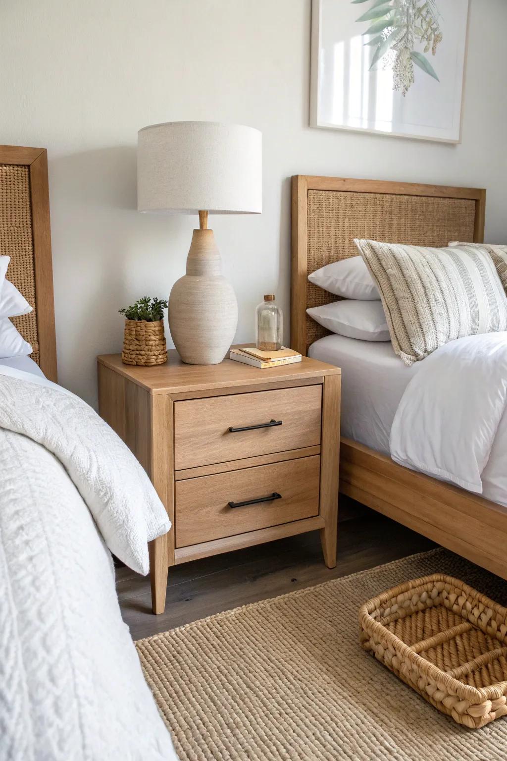 One shared nightstand between twin beds—space-saving style with lamp, tray, and guest essentials.