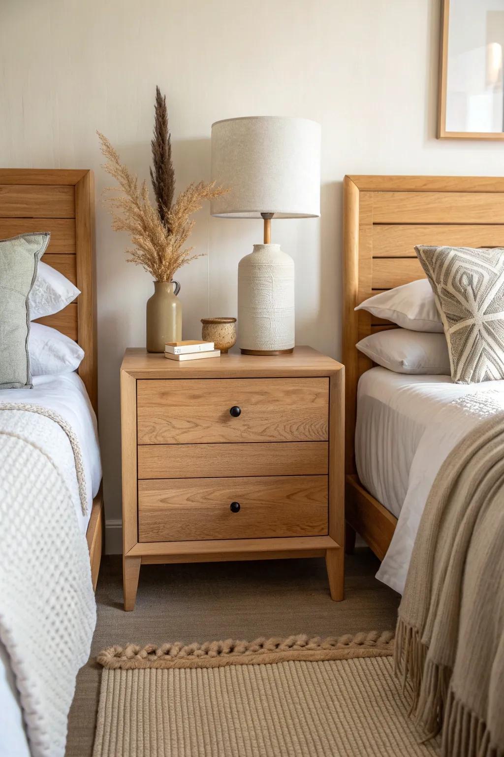 One shared nightstand between twin beds saves space—and looks intentionally chic.