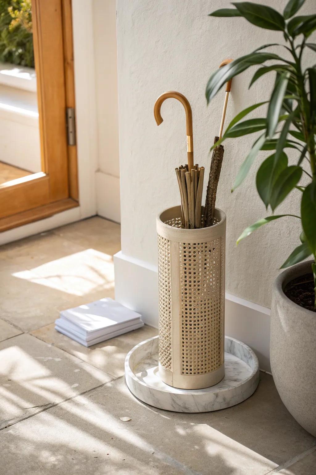 A simple drip-tray setup that keeps wet umbrellas tidy and your floors spotless.