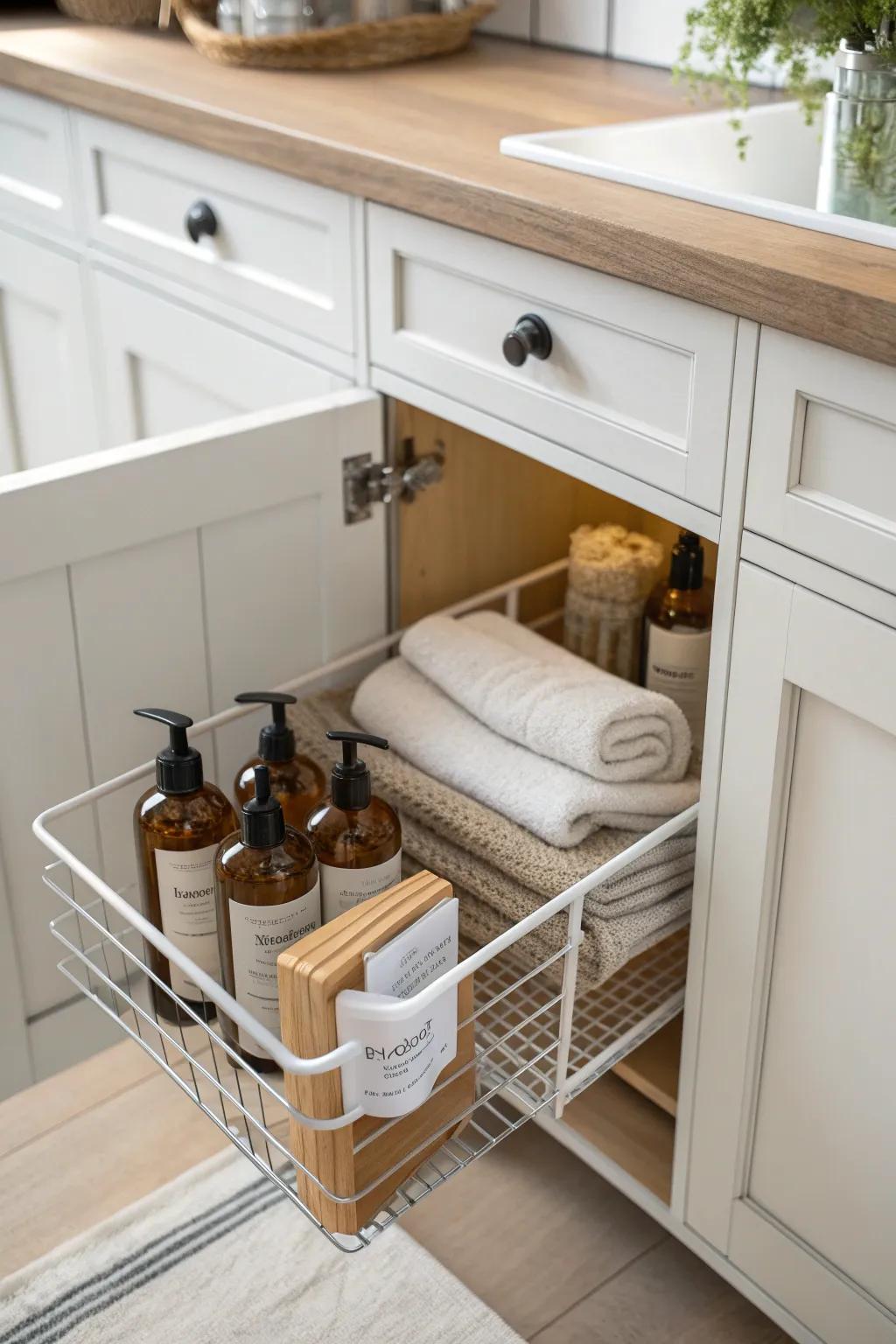 A pull-out basket turns deep cabinets into easy-access storage—no more lost supplies.