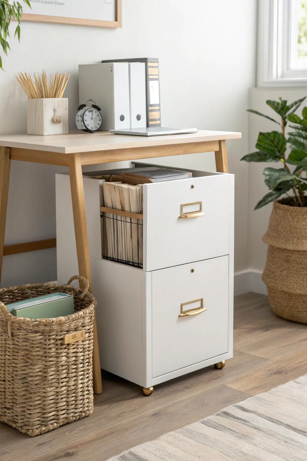 A compact file cabinet that hides under your desk—keeps papers flat, sorted, and stress-free.