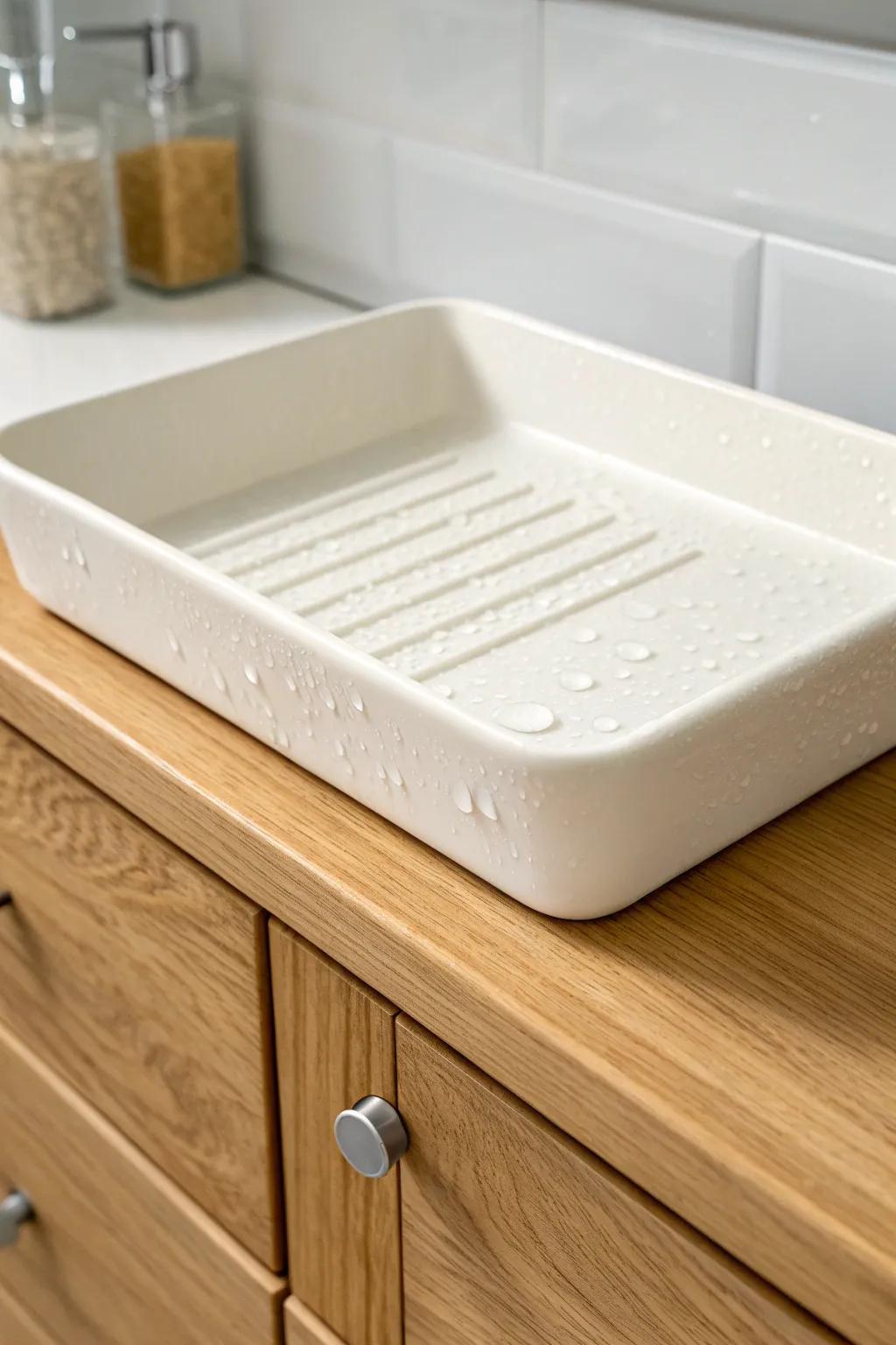 A waterproof liner and a shallow drip tray stop under‑sink leaks from ruining your cabinet floor.