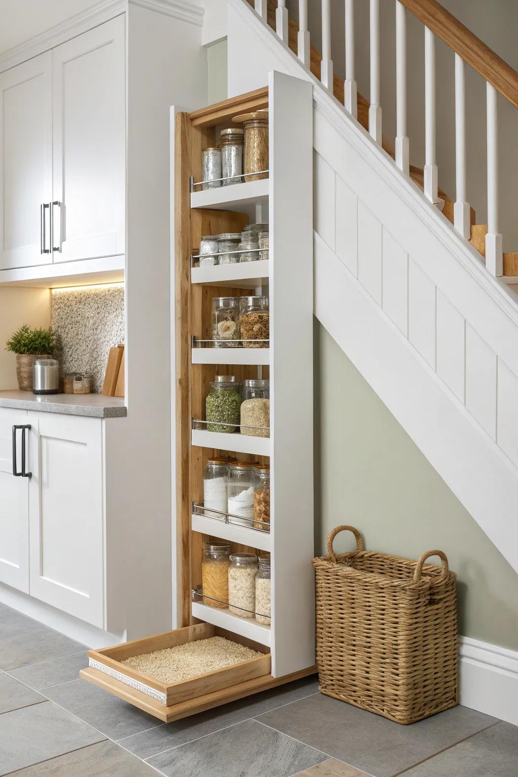 A tall pull-out pantry turns under-stairs space into sleek vertical storage for dry goods.