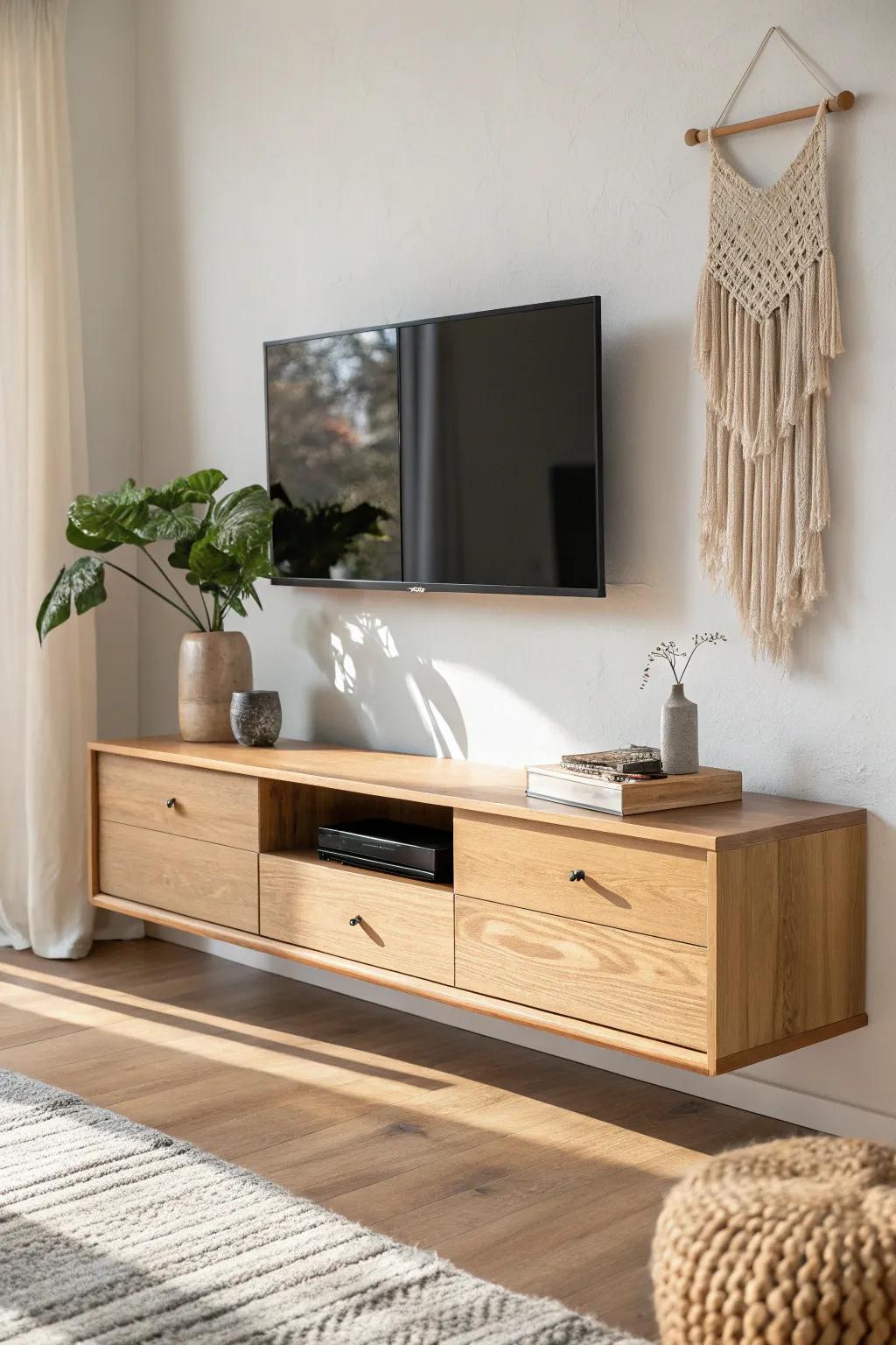 A floating oak console keeps the floor visible—instant airy, bigger-looking small-space vibe.