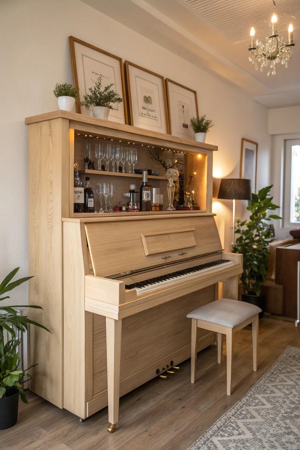 Elevate your space with a stunning upcycled piano bar cabinet, where minimalist design meets boho charm.
