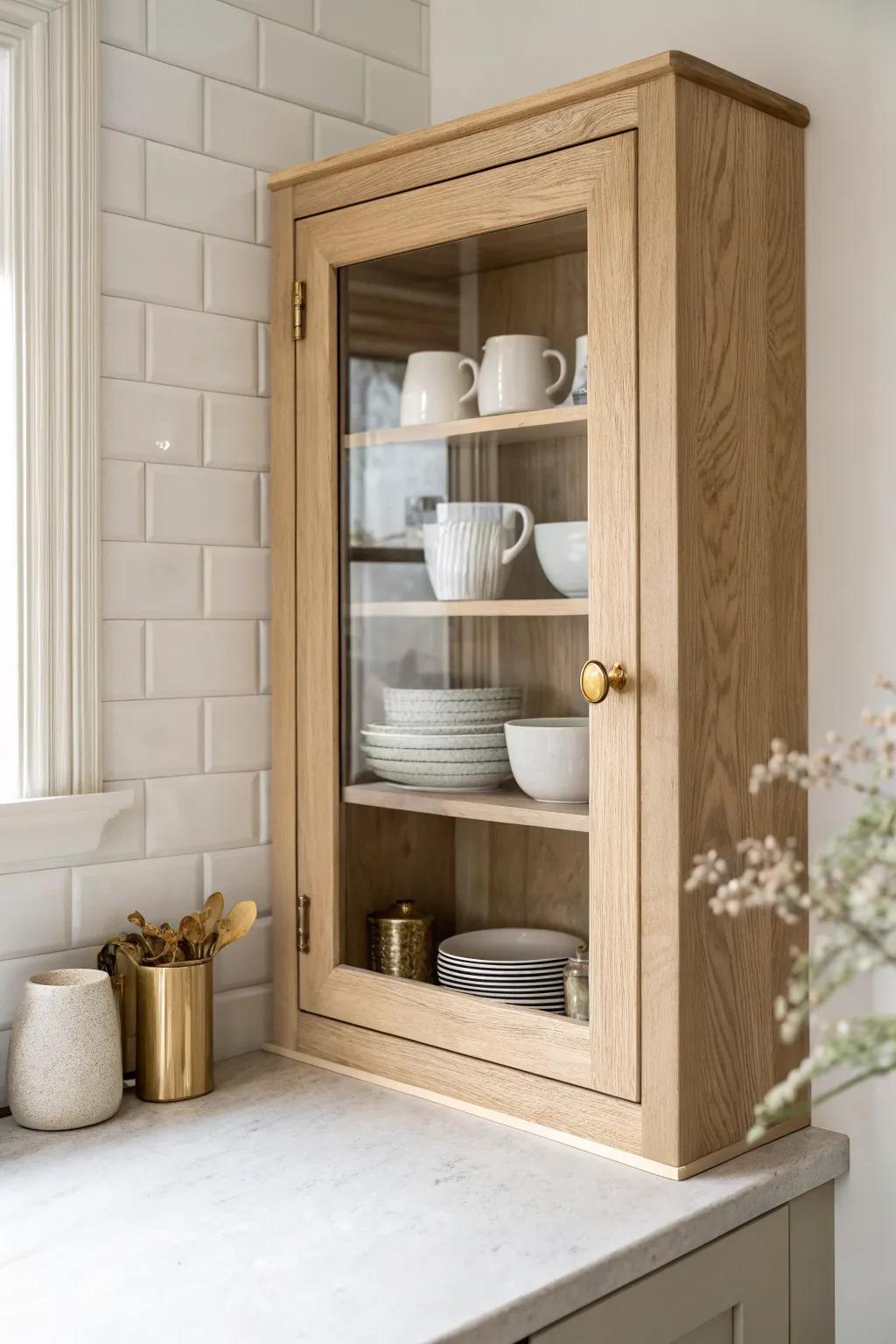 A glass-front corner cabinet that keeps small kitchens light, airy, and beautifully organized.