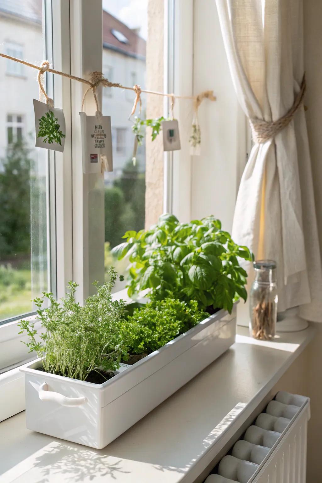 A slim window-box herb strip—fresh basil, thyme & mint right where you cook.