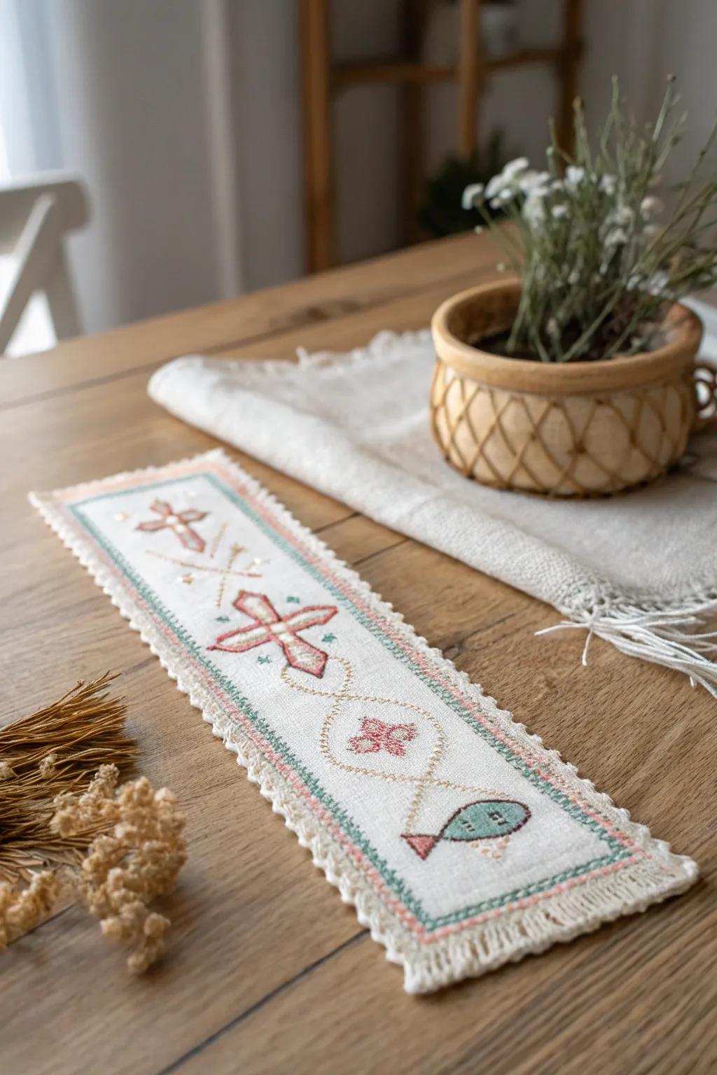 Embrace the art of simplicity with a handcrafted cross-stitched bookmark, bringing a touch of serene beauty to your reading moments.