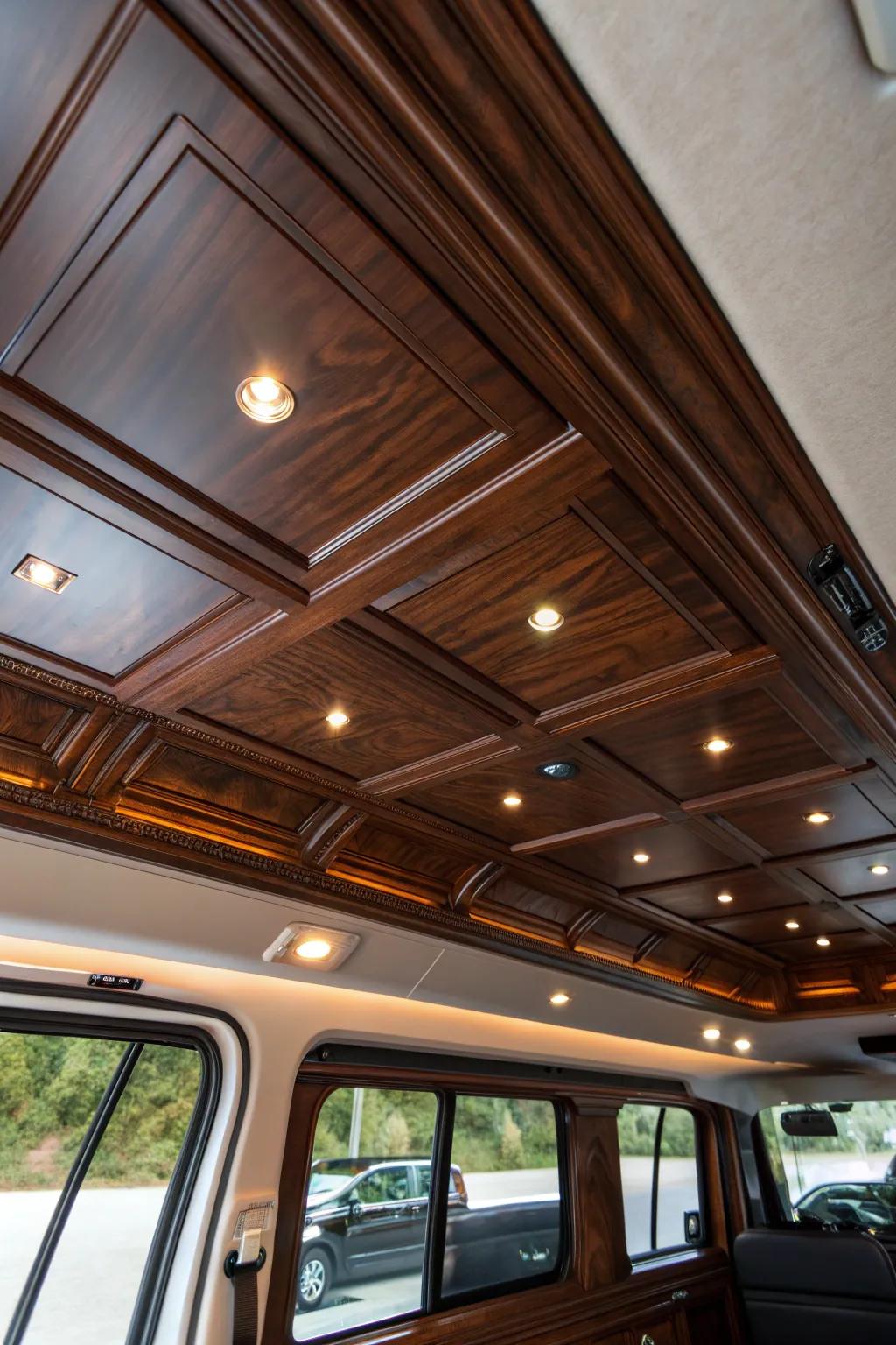 Illuminate your journey with sleek, recessed lighting for the ultimate cozy van experience.