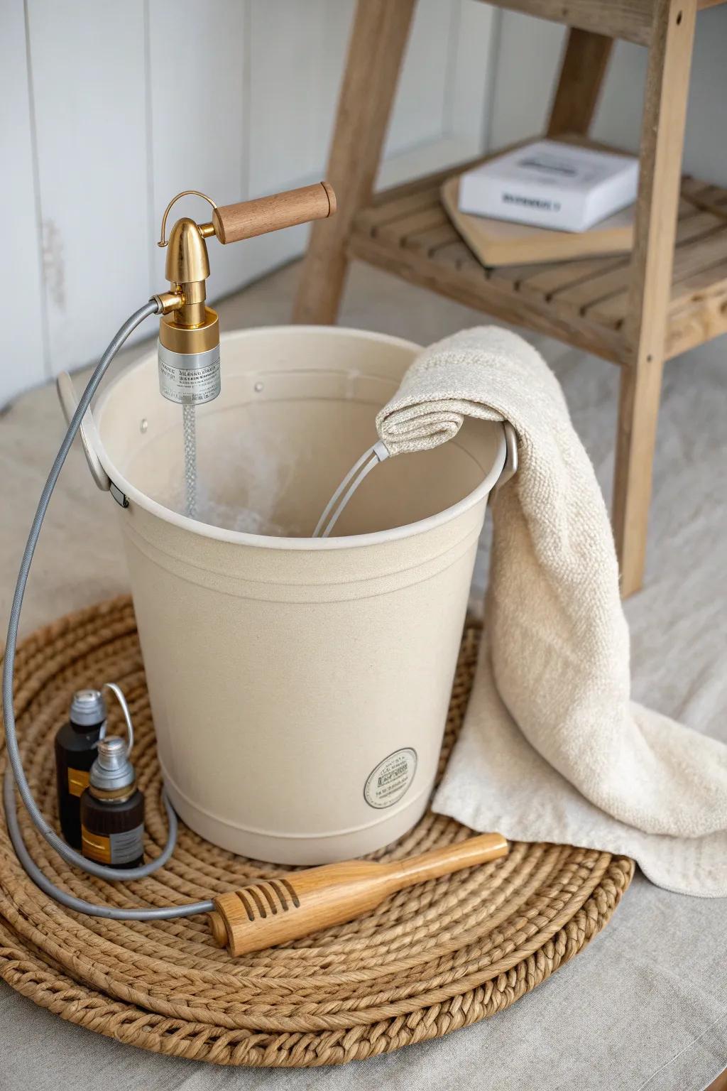 A warm bucket + compact pump sprayer: the simplest van shower that works anywhere.