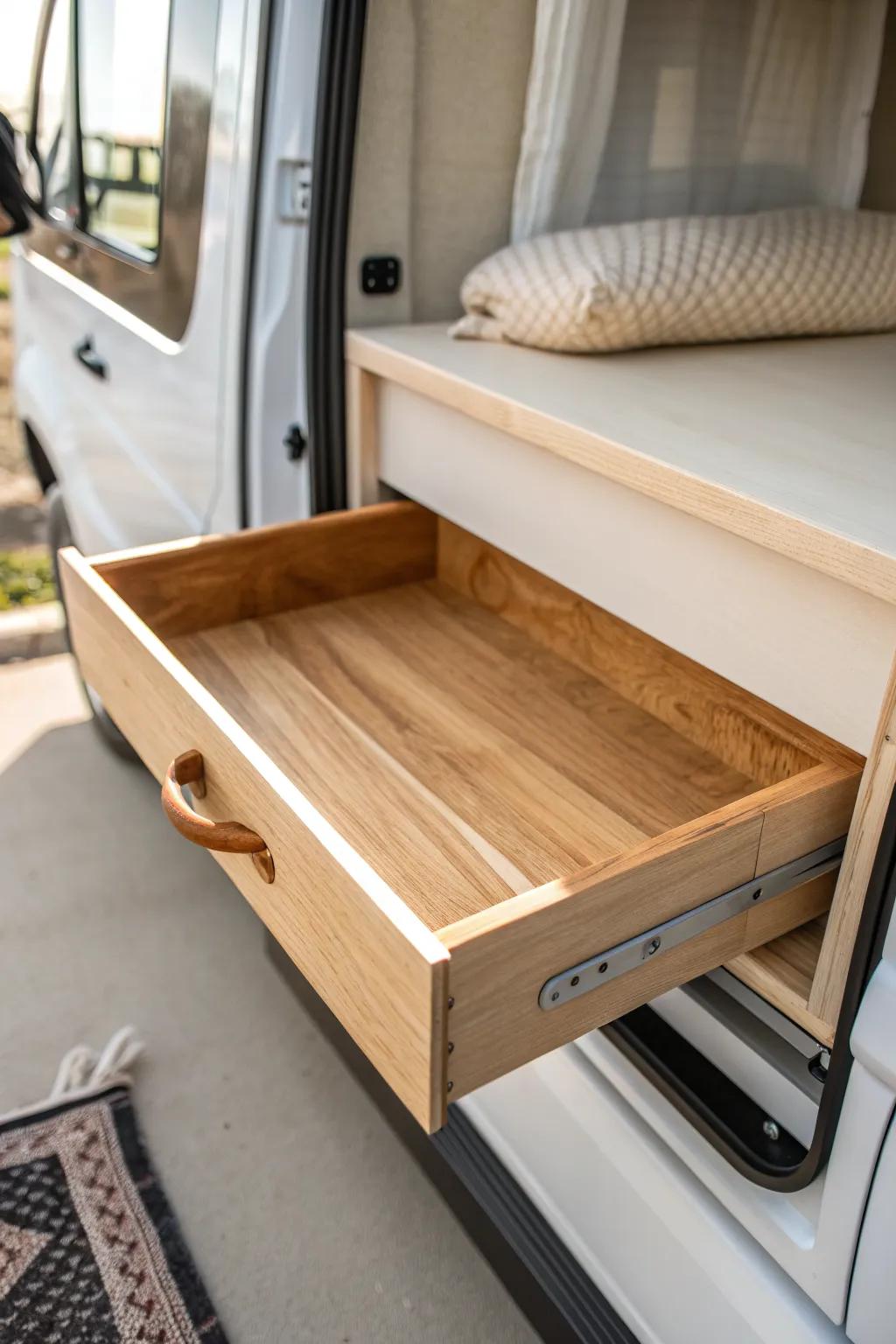 A sleek slide-out tray makes deep van storage effortless—no more digging in the back.