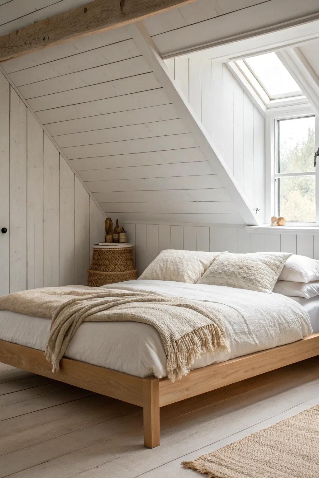 Low-profile platform bed under a sloped attic ceiling—airy, minimal, and head-bump free.