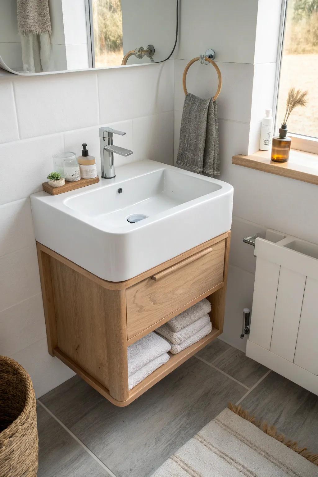 A wall-hung sink keeps a tiny half bath light, airy, and so much easier to clean.