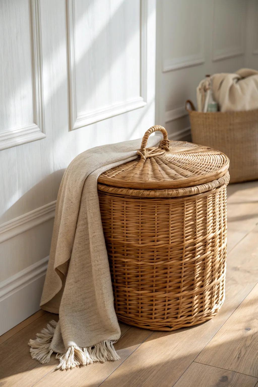 A vintage lidded wicker basket that hides blankets and odds-and-ends in minimalist style.