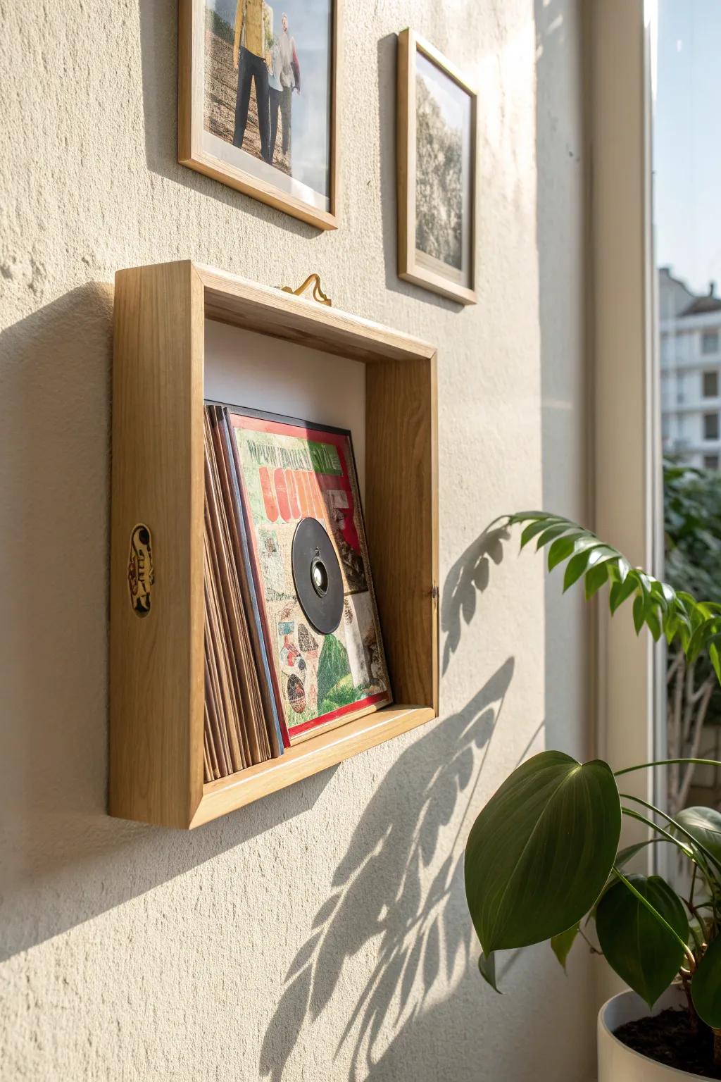A sleek front-opening record frame makes rotating album art easy—and looks like a gallery.