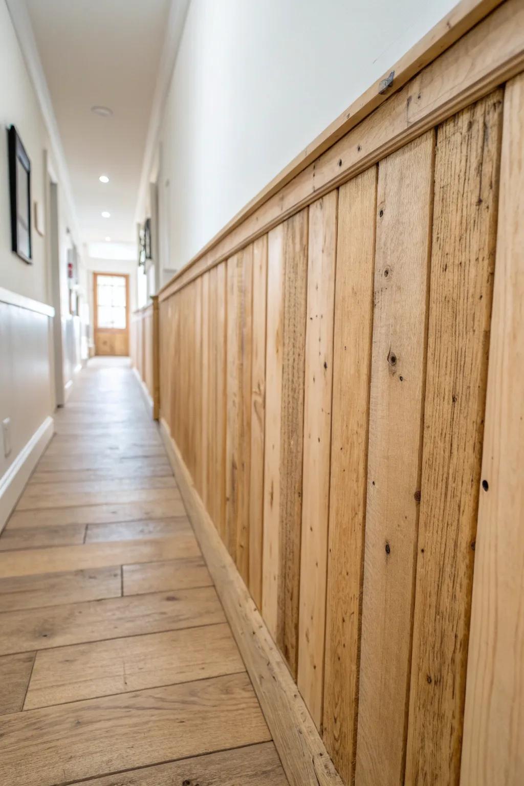 Waist-high pallet wainscoting adds warm rustic texture without shrinking a small hallway.