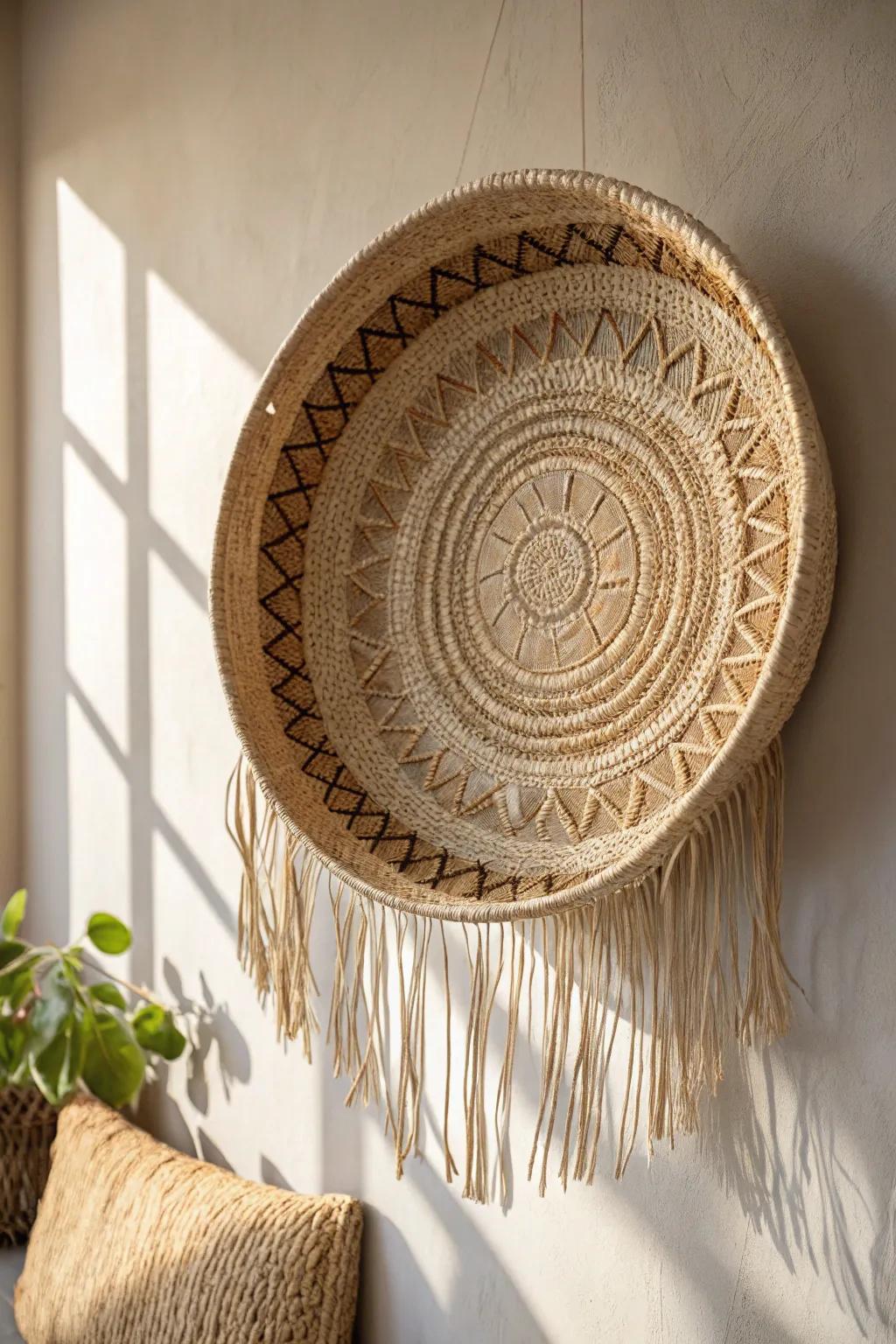 Neutral woven wall basket art—natural fibers and texture for a calm, cozy small-space wall.