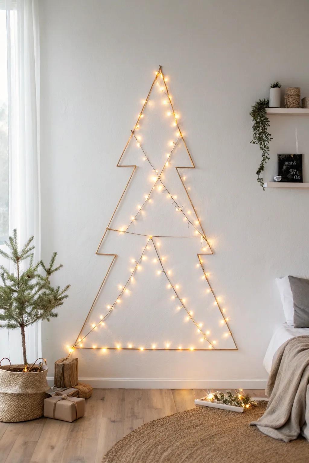 A minimalist wall tree made from warm string lights—perfect cozy Christmas for small spaces.
